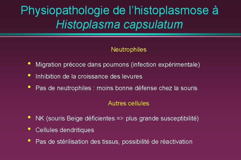 Physiopathologie de l’histoplasmose à Histoplasma capsulatum Neutrophiles • • • Migration précoce dans poumons