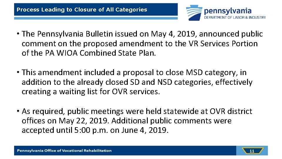 Process Leading to Closure of All Categories • The Pennsylvania Bulletin issued on May