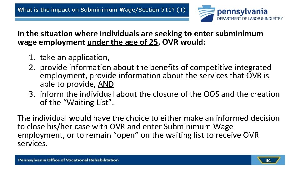 What is the impact on Subminimum Wage/Section 511? (4) In the situation where individuals