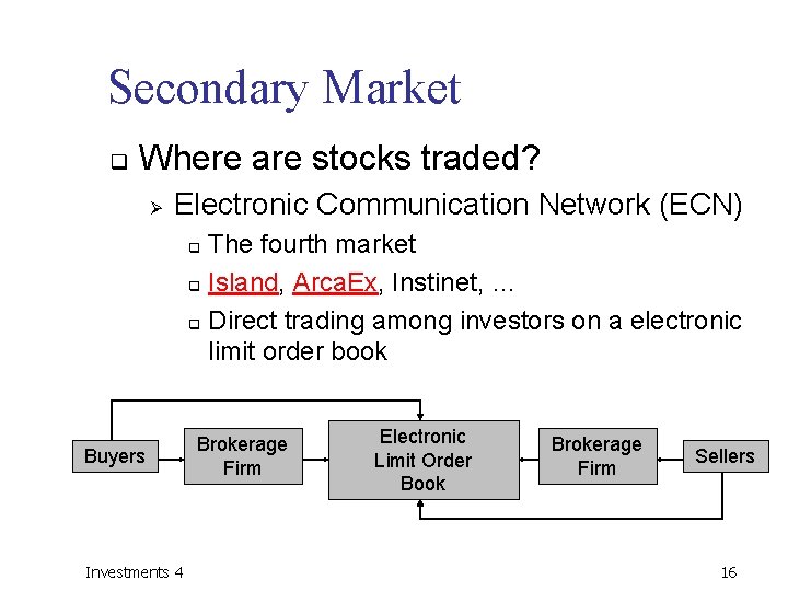 Secondary Market q Where are stocks traded? Ø Electronic Communication Network (ECN) The fourth