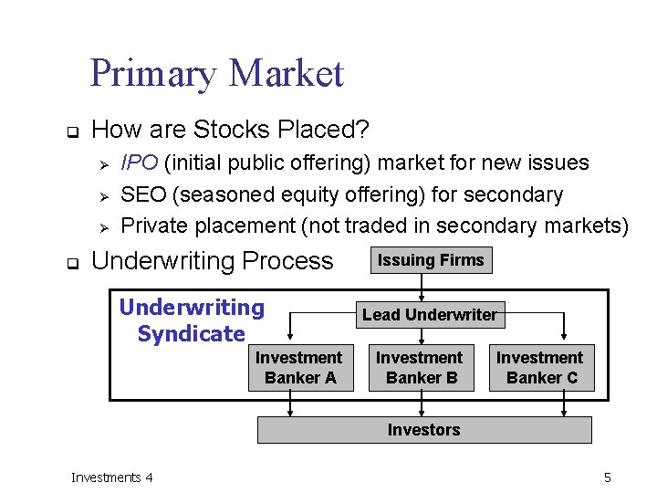 Primary Market q How are Stocks Placed? Ø Ø Ø q IPO (initial public