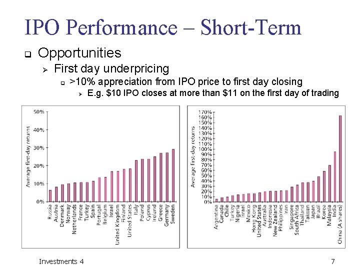 IPO Performance – Short-Term q Opportunities Ø First day underpricing q >10% appreciation from