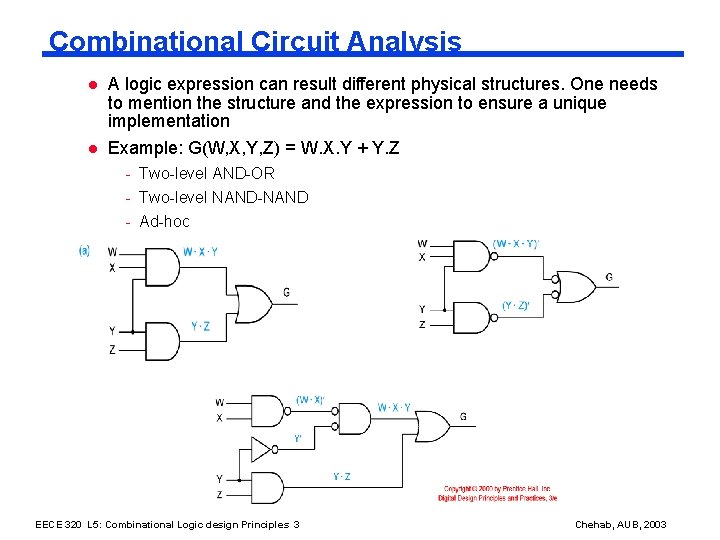 Combinational Circuit Analysis l l A logic expression can result different physical structures. One