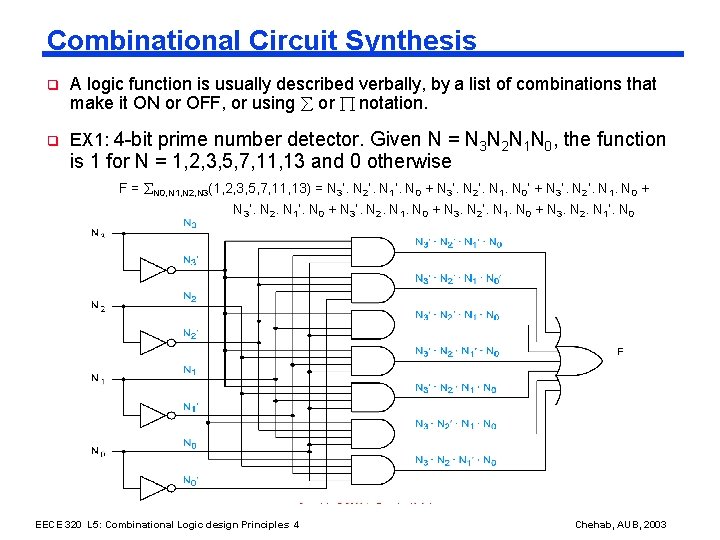 Combinational Circuit Synthesis q A logic function is usually described verbally, by a list