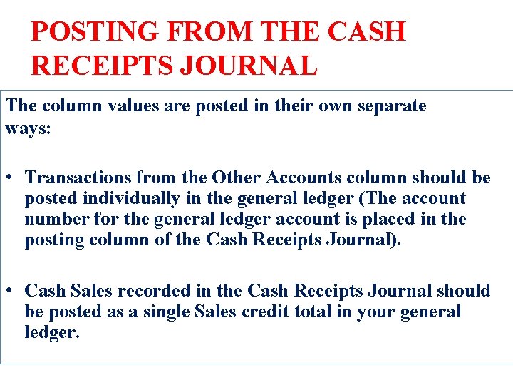 POSTING FROM THE CASH RECEIPTS JOURNAL The column values are posted in their own