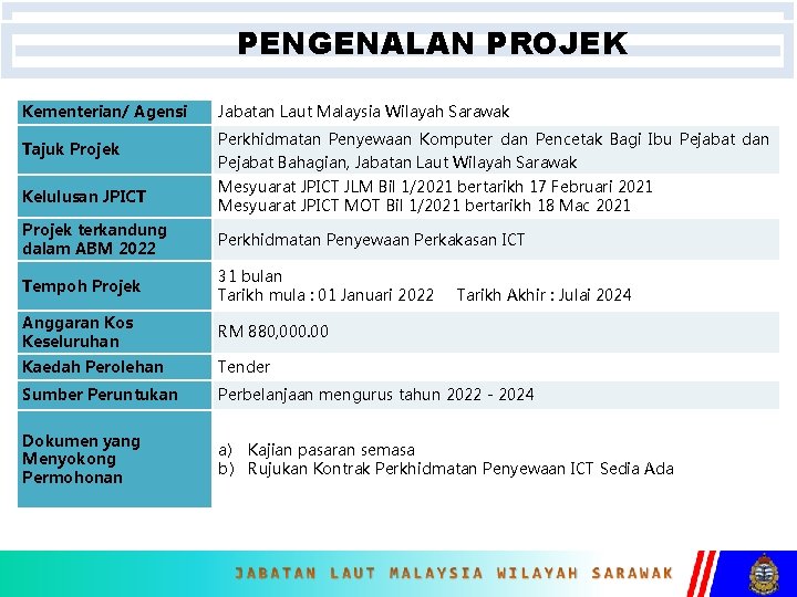 PENGENALAN PROJEK Kementerian/ Agensi Jabatan Laut Malaysia Wilayah Sarawak Tajuk Projek Perkhidmatan Penyewaan Komputer