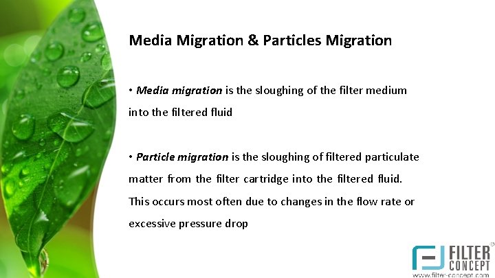 Media Migration & Particles Migration • Media migration is the sloughing of the filter