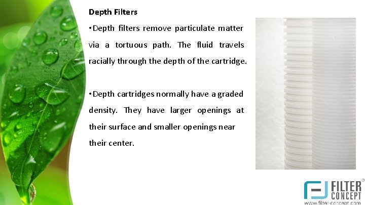 Depth Filters • Depth filters remove particulate matter via a tortuous path. The fluid