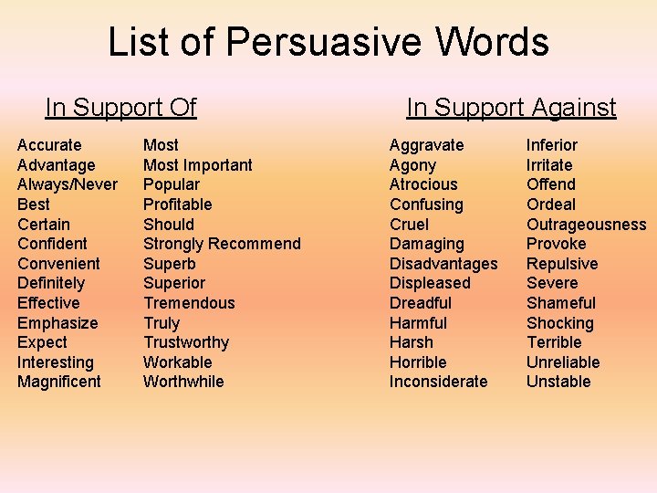 List of Persuasive Words In Support Of Accurate Advantage Always/Never Best Certain Confident Convenient