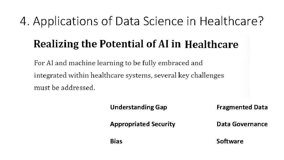 4. Applications of Data Science in Healthcare? Understanding Gap Fragmented Data Appropriated Security Data