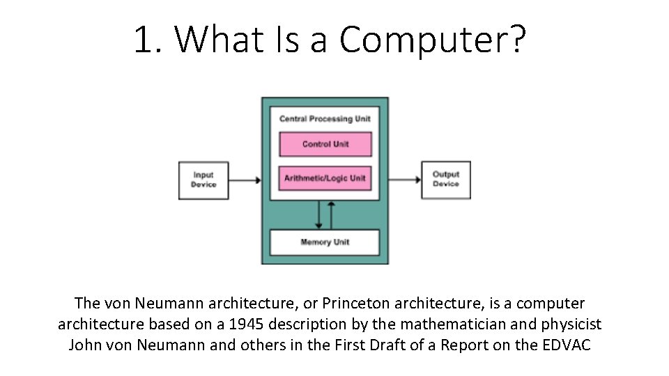 1. What Is a Computer? The von Neumann architecture, or Princeton architecture, is a