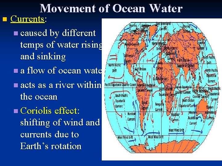 n Movement of Ocean Water Currents: n caused by different temps of water rising