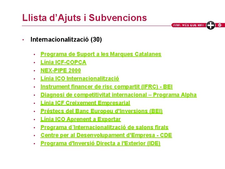 Llista d’Ajuts i Subvencions • Internacionalització (30) • • • Programa de Suport a