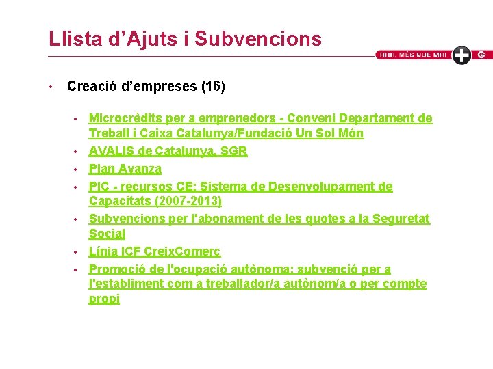 Llista d’Ajuts i Subvencions • Creació d’empreses (16) • • Microcrèdits per a emprenedors