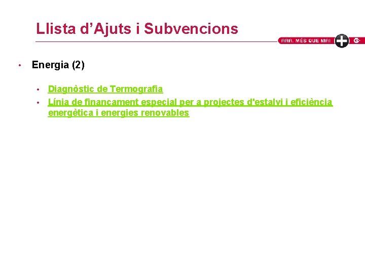 Llista d’Ajuts i Subvencions • Energia (2) Diagnòstic de Termografia • Línia de finançament