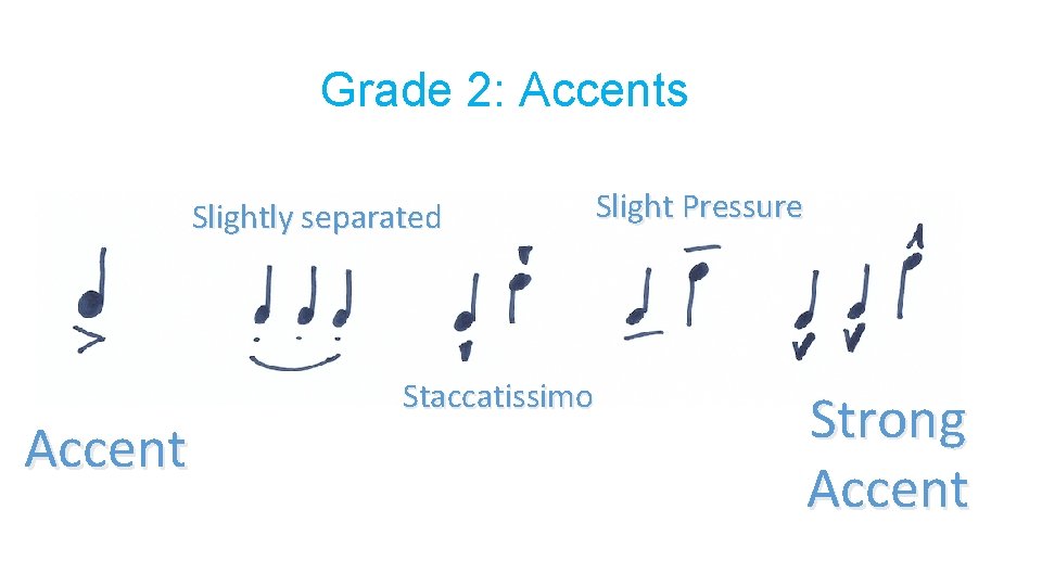 Grade 2: Accents Slightly separated Accent Staccatissimo Slight Pressure Strong Accent 