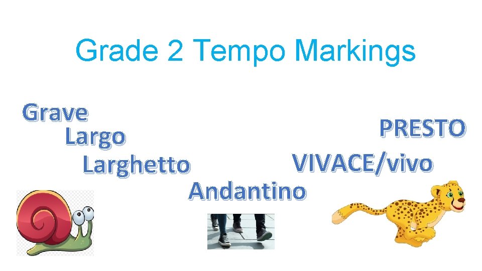 Grade 2 Tempo Markings Grave PRESTO Largo VIVACE/vivo Larghetto Andantino 