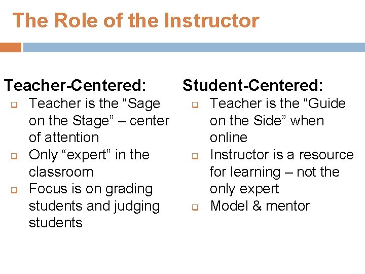 The Role of the Instructor Teacher-Centered: q q q Teacher is the “Sage on