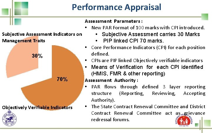 Performance Appraisal Assessment Parameters : • New PAR Format of 100 marks with CPI