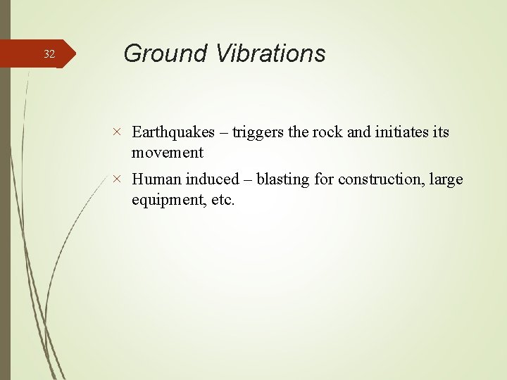 32 Ground Vibrations Earthquakes – triggers the rock and initiates its movement Human induced