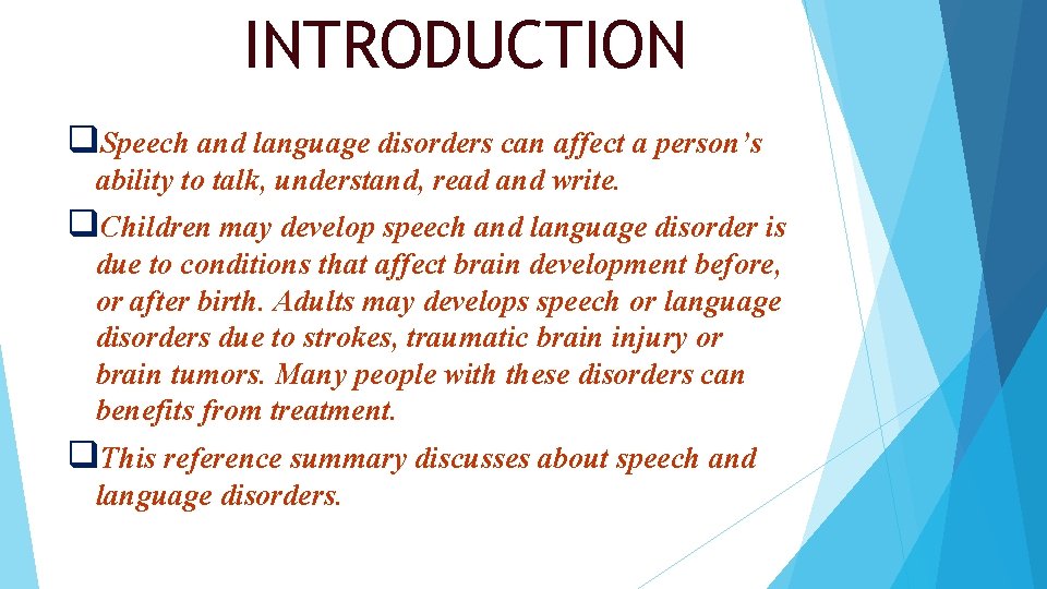 INTRODUCTION q. Speech and language disorders can affect a person’s ability to talk, understand, INTRODUCTION q. Speech and language disorders can affect a person’s ability to talk, understand,