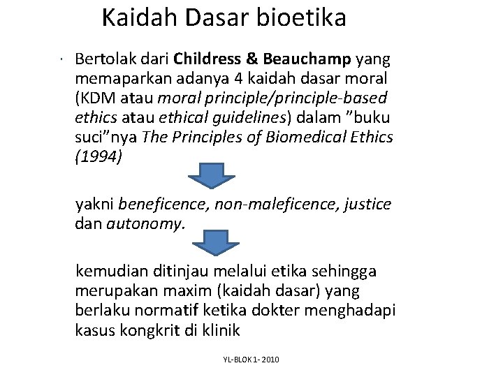 Kaidah Dasar bioetika Bertolak dari Childress & Beauchamp yang memaparkan adanya 4 kaidah dasar