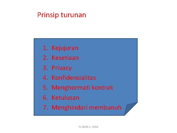 Prinsip turunan 1. 2. 3. 4. 5. 6. 7. Kejujuran Kesetiaan Privacy Konfidensialitas Menghormati