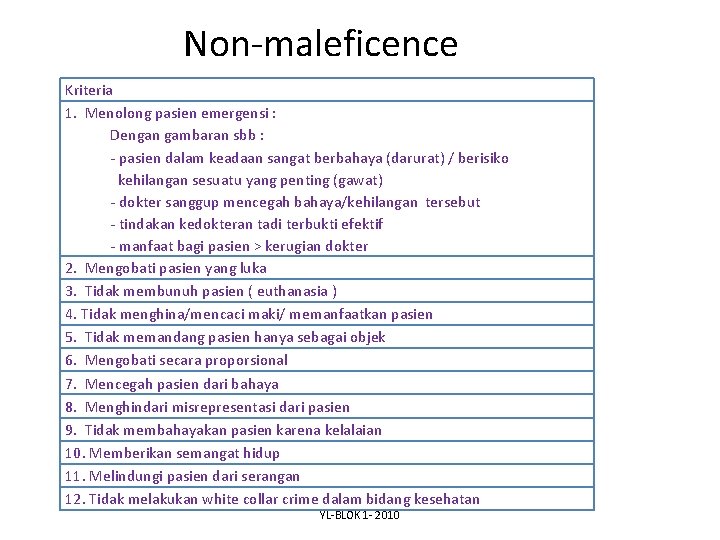 Non-maleficence Kriteria 1. Menolong pasien emergensi : Dengan gambaran sbb : - pasien dalam