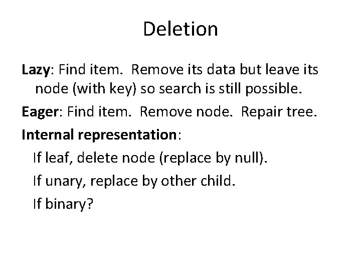 Deletion Lazy: Find item. Remove its data but leave its node (with key) so