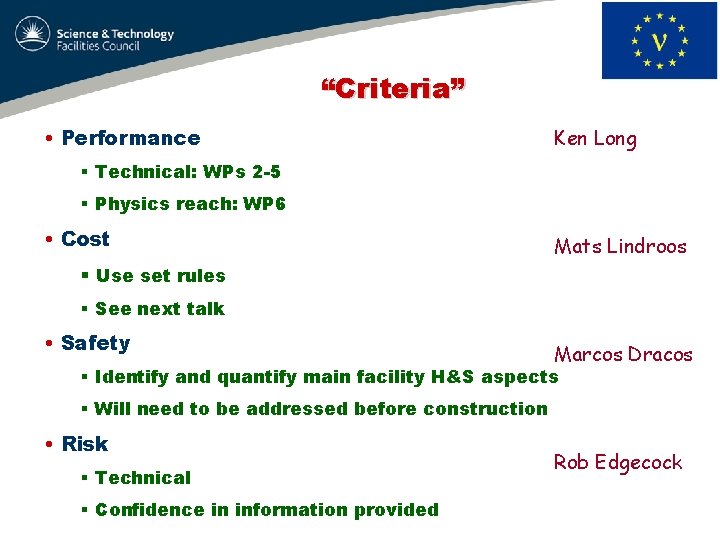 “Criteria” • Performance Ken Long § Technical: WPs 2 -5 § Physics reach: WP