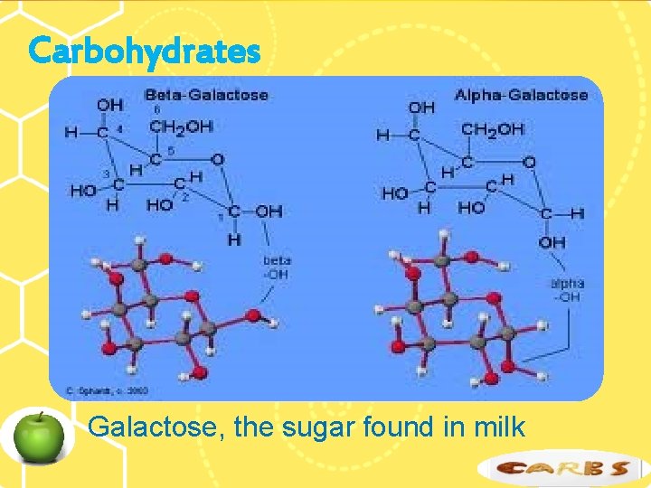 Carbohydrates Galactose, the sugar found in milk 