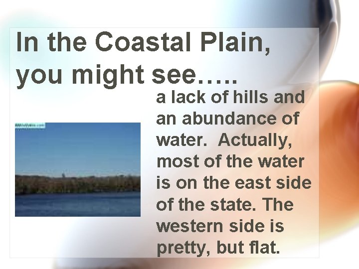 In the Coastal Plain, you might see…. . a lack of hills and an