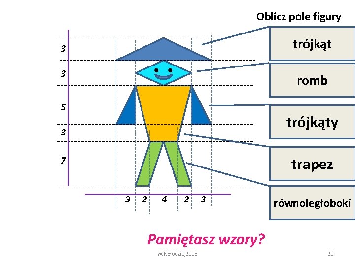 Oblicz pole figury trójkąt 3 3 romb 5 trójkąty 3 trapez 7 3 2