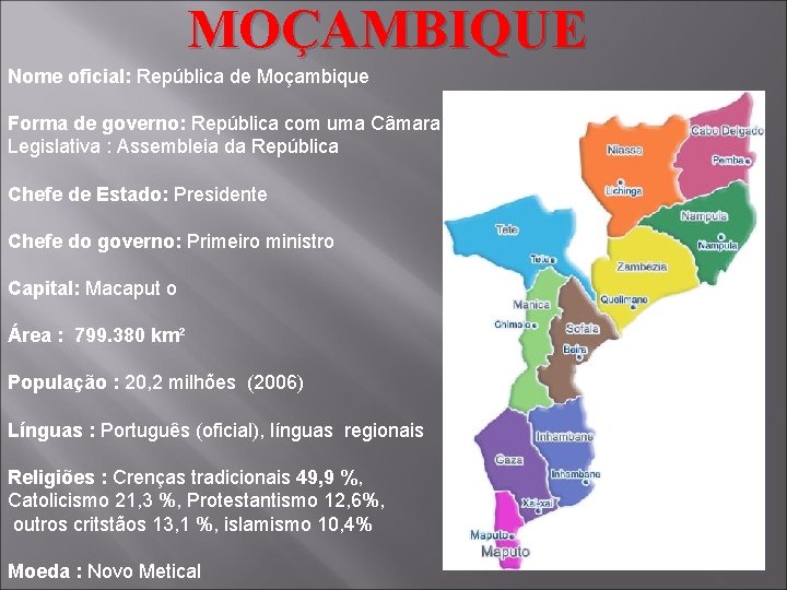 MOÇAMBIQUE Nome oficial: República de Moçambique Forma de governo: República com uma Câmara Legislativa