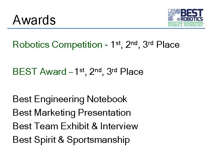 Awards Robotics Competition - 1 st, 2 nd, 3 rd Place BEST Award –
