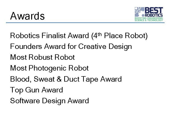 Awards Robotics Finalist Award (4 th Place Robot) Founders Award for Creative Design Most