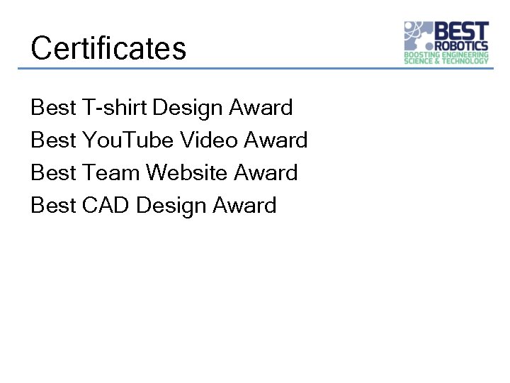 Certificates Best T-shirt Design Award Best You. Tube Video Award Best Team Website Award