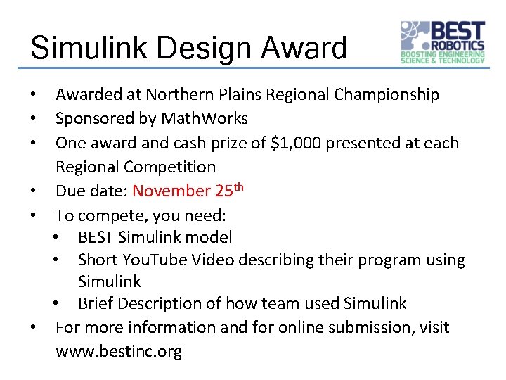 Simulink Design Awarded at Northern Plains Regional Championship Sponsored by Math. Works One award