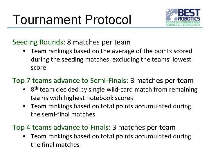 Tournament Protocol Seeding Rounds: 8 matches per team • Team rankings based on the