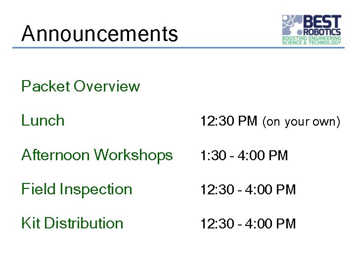 Announcements Packet Overview Lunch 12: 30 PM (on your own) Afternoon Workshops 1: 30