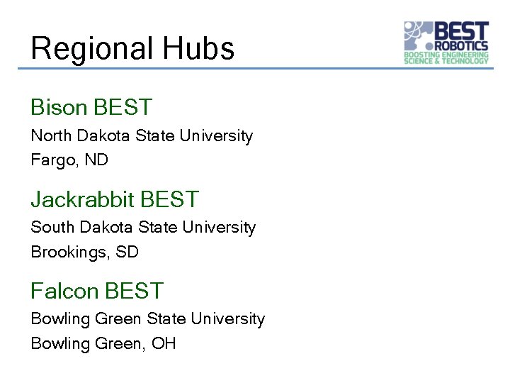 Regional Hubs Bison BEST North Dakota State University Fargo, ND Jackrabbit BEST South Dakota