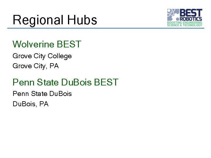 Regional Hubs Wolverine BEST Grove City College Grove City, PA Penn State Du. Bois