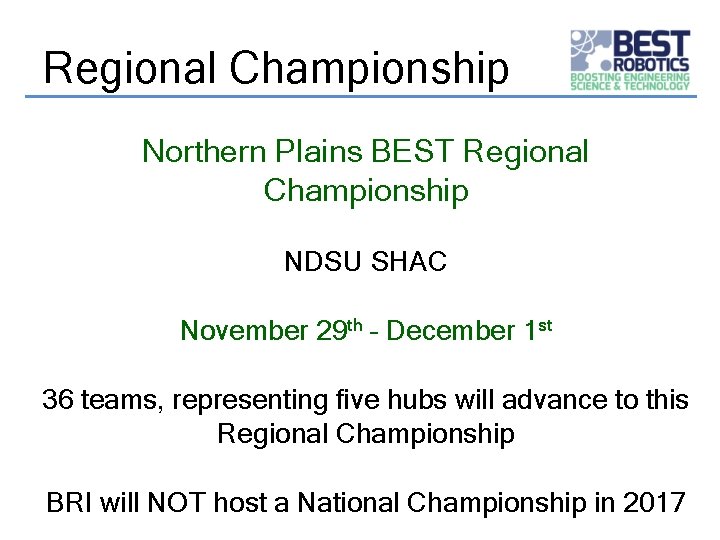 Regional Championship Northern Plains BEST Regional Championship NDSU SHAC November 29 th – December