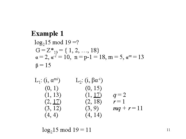 Example 1 log 215 mod 19 =? G = Z*19 = { 1, 2,