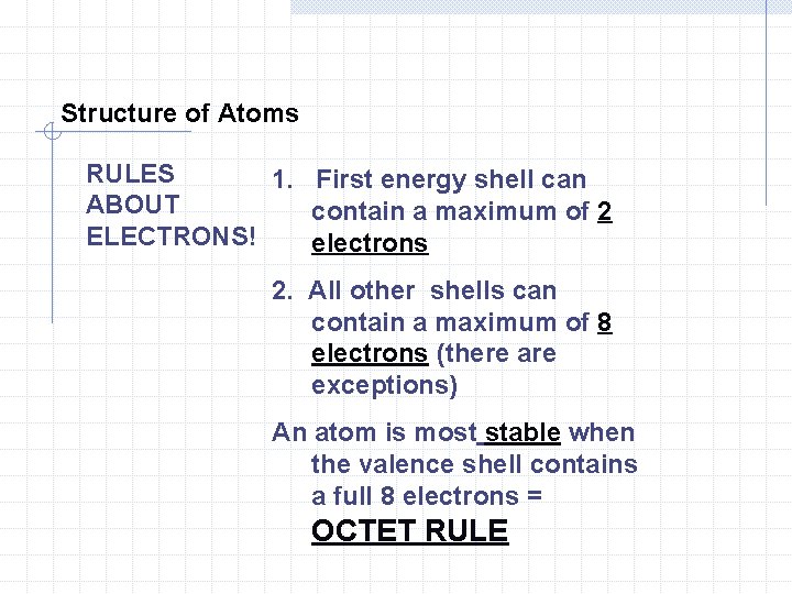 Structure of Atoms RULES 1. First energy shell can ABOUT contain a maximum of Structure of Atoms RULES 1. First energy shell can ABOUT contain a maximum of