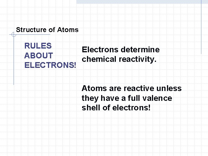 Structure of Atoms RULES Electrons determine ABOUT chemical reactivity. ELECTRONS! Atoms are reactive unless Structure of Atoms RULES Electrons determine ABOUT chemical reactivity. ELECTRONS! Atoms are reactive unless