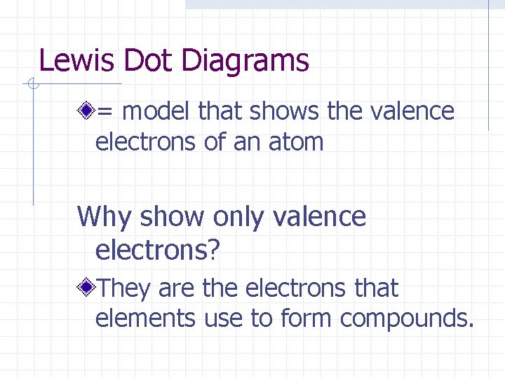 Lewis Dot Diagrams = model that shows the valence electrons of an atom Why Lewis Dot Diagrams = model that shows the valence electrons of an atom Why