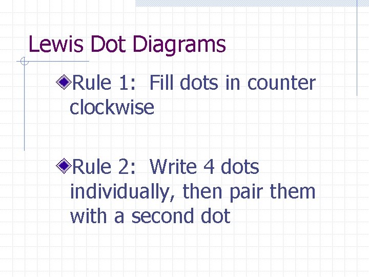 Lewis Dot Diagrams Rule 1: Fill dots in counter clockwise Rule 2: Write 4 Lewis Dot Diagrams Rule 1: Fill dots in counter clockwise Rule 2: Write 4