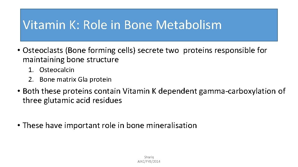 Vitamin K: Role in Bone Metabolism • Osteoclasts (Bone forming cells) secrete two proteins