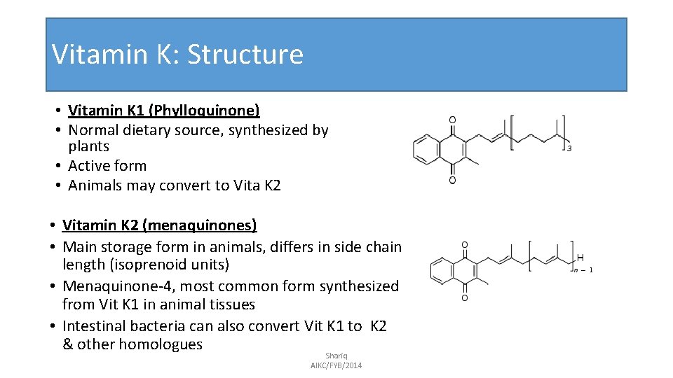 Vitamin K: Structure • Vitamin K 1 (Phylloquinone) • Normal dietary source, synthesized by